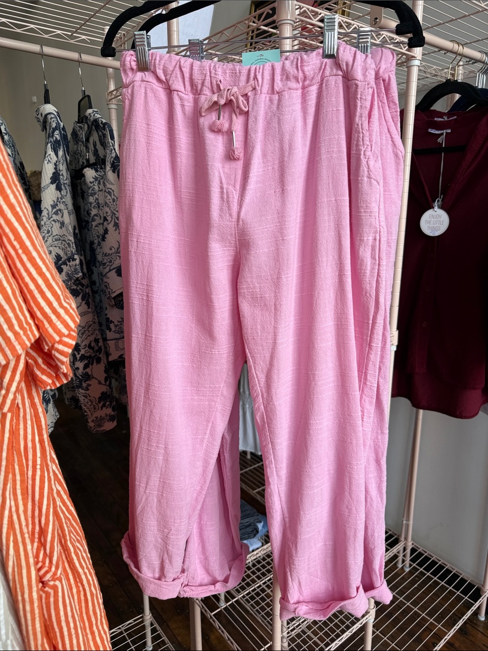 Light Pink Drawstring Cotton Linen Blend Relaxed Joggers